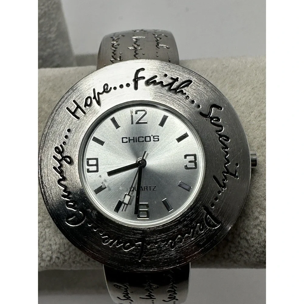 Chicos Womens‎ Cuff Watch Silver Tone Love Hope Peace New Battery 41MM 6.5